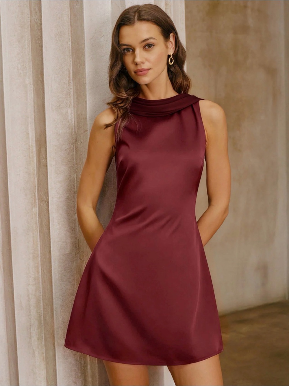 RIHOAS Sleeveless Burgundy Satin Mini Dress